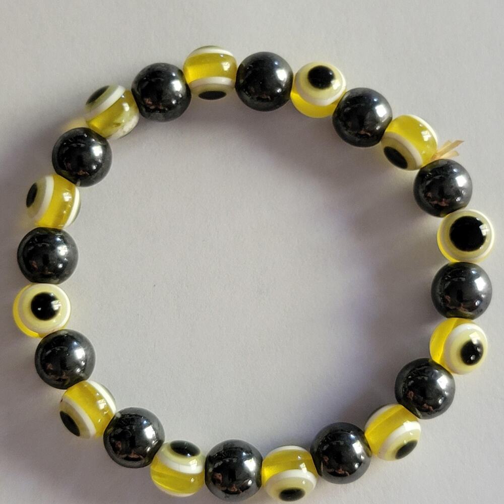 Vintage Beaded Bracelet Yellow Glass Stone 7.8in Tie Closure Eye Beads
